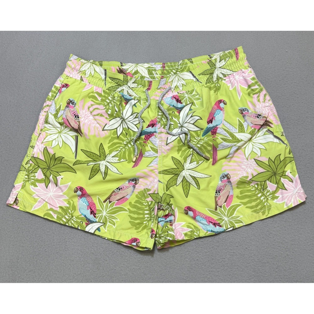 VILEBREQUIN Swim Trunks Men XL Lime Green Parrot Tropical Print Shorts